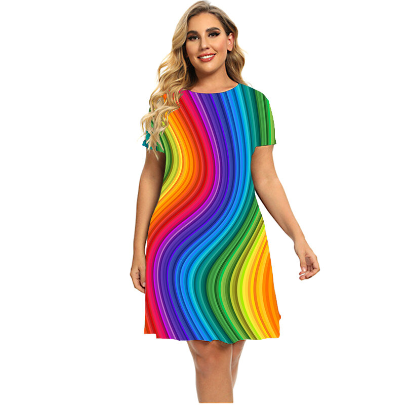 2023 verão moda padrão rainbow vestidos feminino manga curta em torno do pescoço pullovers solto roupas plus size casual mini vestido
