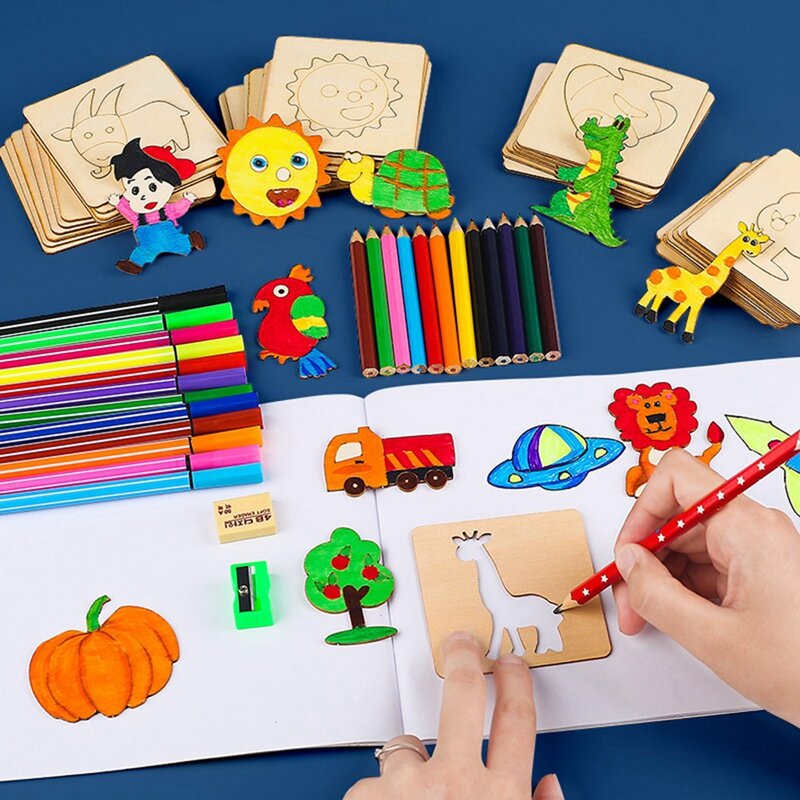 Mainan lukis anak gambar balita mainan pendidikan kayu DIY lukisan stensil Jigsaw Puzzle mainan pendidikan