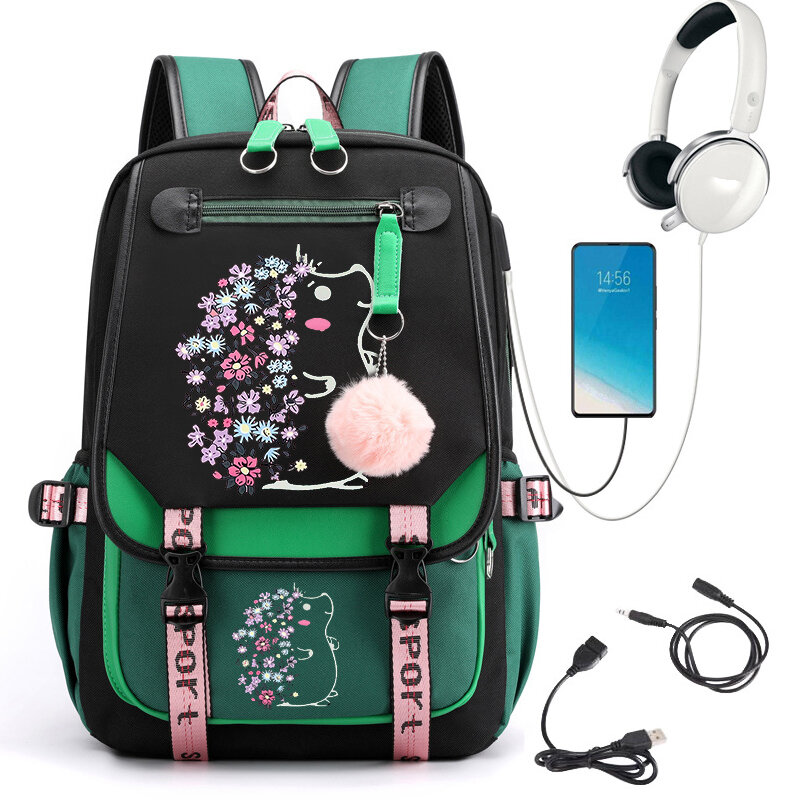 여아용 꽃 고슴도치 애니메이션 책가방, 대형 학생 배낭 고등학교 학생 배낭 가방, 만화 백팩, USB 백팩