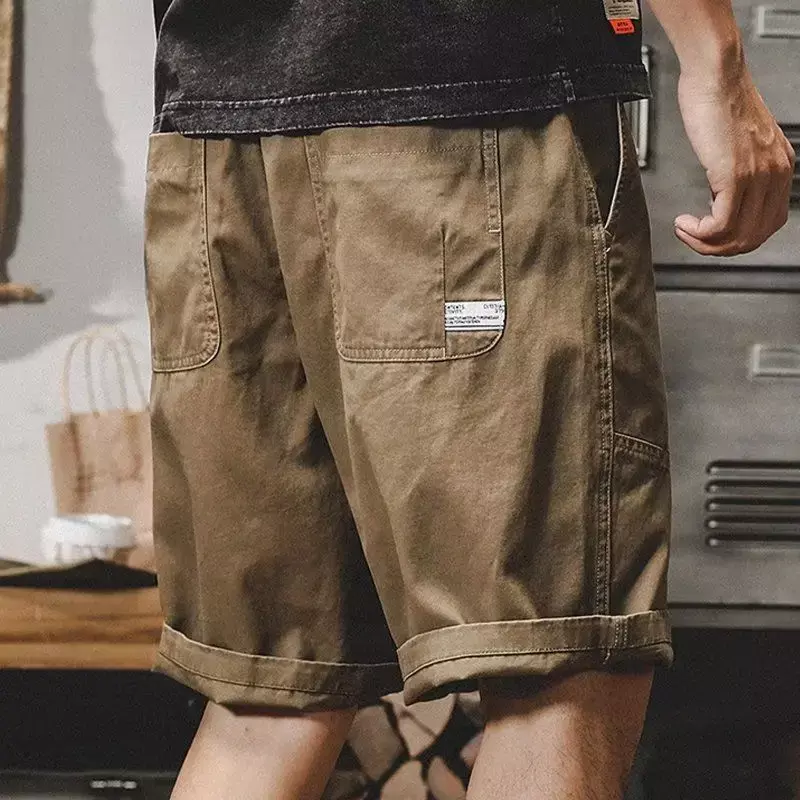 Celana pendek pria, celana pendek kargo dengan tali tombol padat, gaya Vintage Streetwear baru di 2024