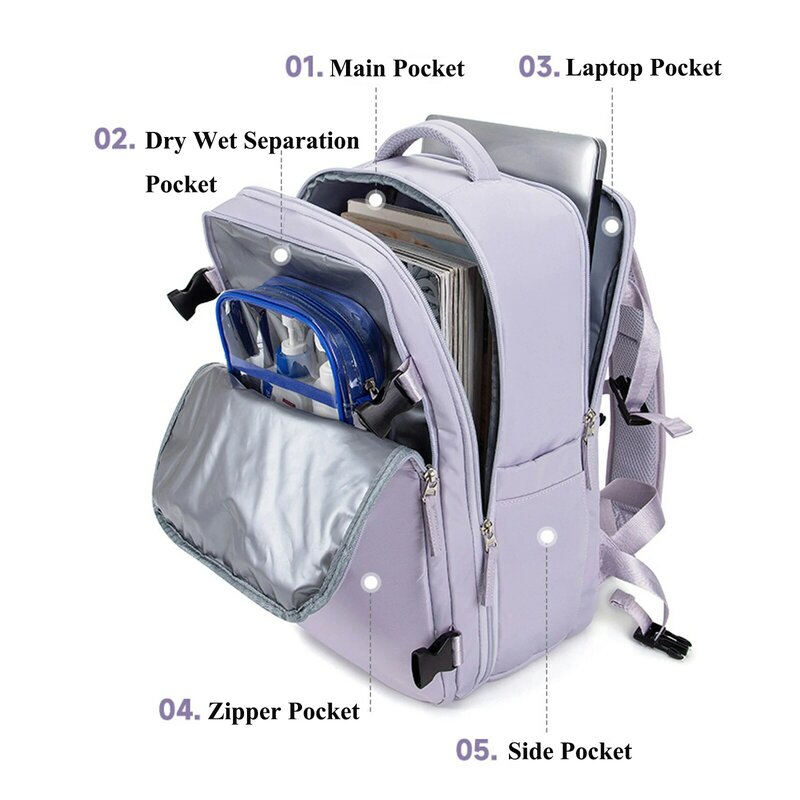 Mochila portátil impermeável para mulheres, Porta de carregamento USB, Mochilas escolares para meninas, Viagem, Compartimento de sapatos, 15"