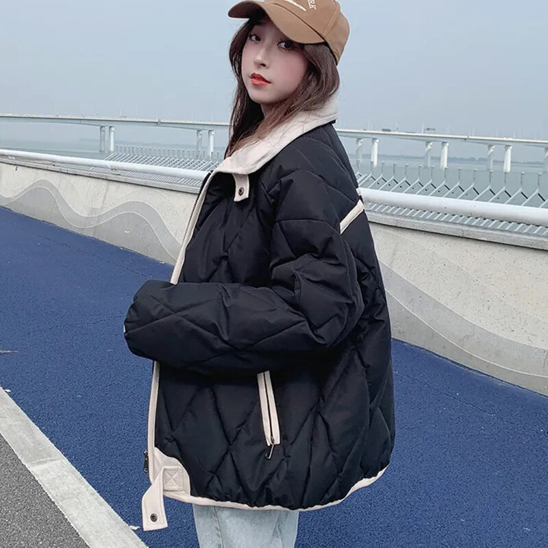 Diamond Check Down Cotton Coat Women New Autumn Winter Padded Jacket Thick Warm Cotton Clothing Female Casual Parker Outerwear