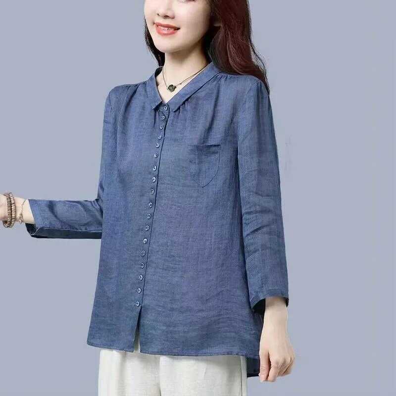 Spring Autumn Vintage Cotton Linen Cardigan Shirt Ladies Elegant Long Sleeve Buttons Top Women Comfortable Loose Casual Blouse