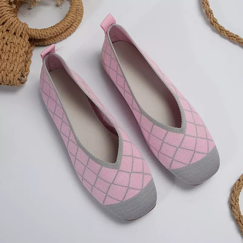 รองเท้าผ้าใบผู้หญิงส้นแบนถักสีทึบรองเท้าลำลองระบายอากาศได้ดีรองเท้าบัลเล่ต์ผู้หญิงรองเท้าออกแบบรองเท้า loafers zapatos de mujer