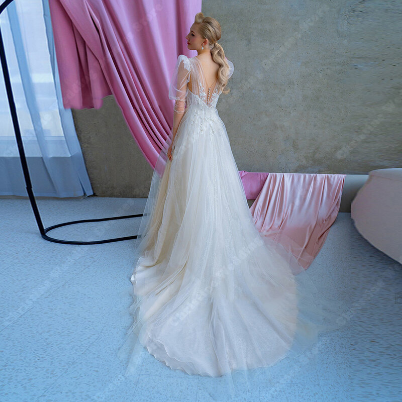 Aライン-女性のためのチュールのウェディングドレス,Vネックのセクシーなドレス,エレガントなプリンセスドレス,カスタムメイドのフープ,ボヘミアンスタイル,2024