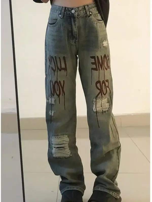 Retro amerykański list drukowanie Graffiti porwane jeansy damskie nowa ulica luźne proste spodnie podłogowe Streetwear Harajuku Y2k spodnie