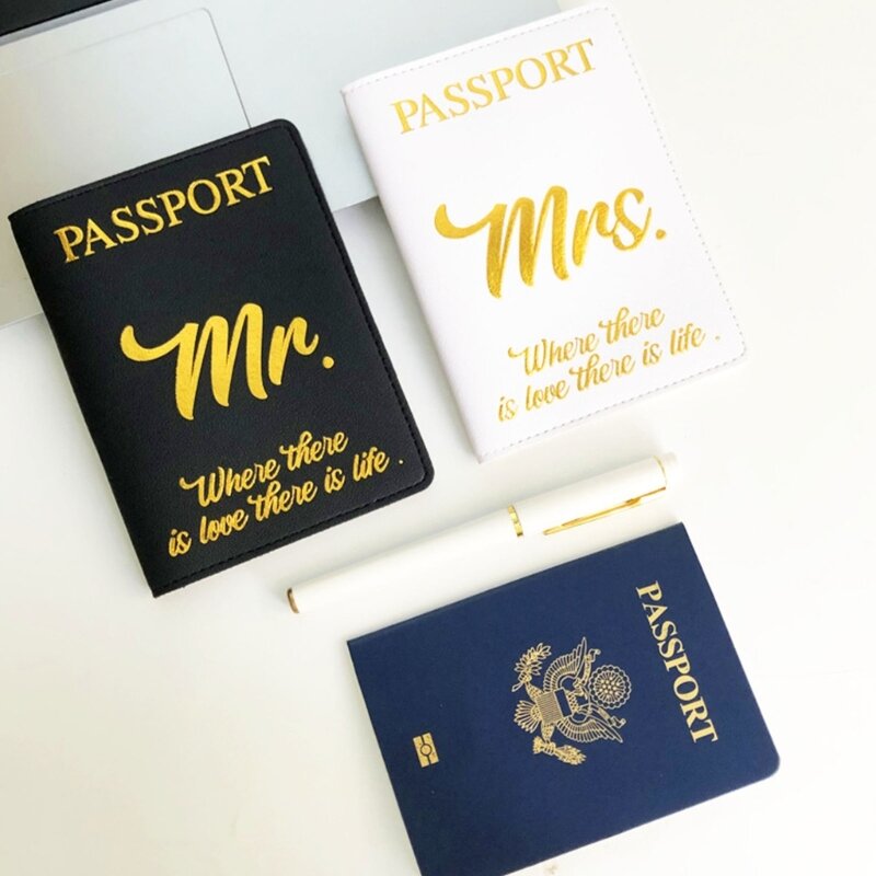 Mr Mrs-funda para pasaporte, etiqueta equipaje, billetera cuero PU, tarjetero, regalo viaje boda para novia