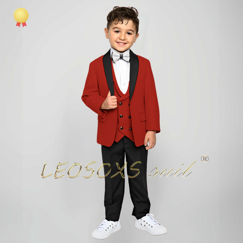Boy's 3-piece suit and dress set (green fruit collar jacket + double-breasted vest + black trousers) wedding event custom suit