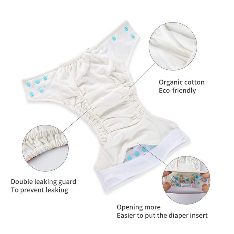 Happyflute Organic Cotton Pocket Diaper Washable Reusable Recycled Baby Cloth Diaper For 3-15kg Baby