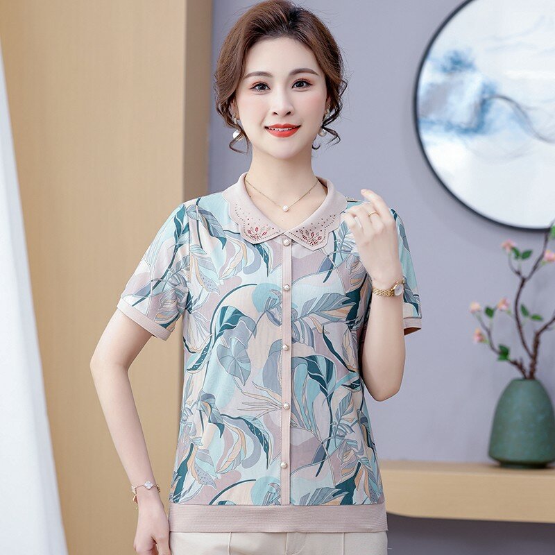 Casual All-match Diamonds Spliced Polo-Neck Tops Elegant Women's Clothing Summer Fashion Short Sleeve Printing T-shirt Female