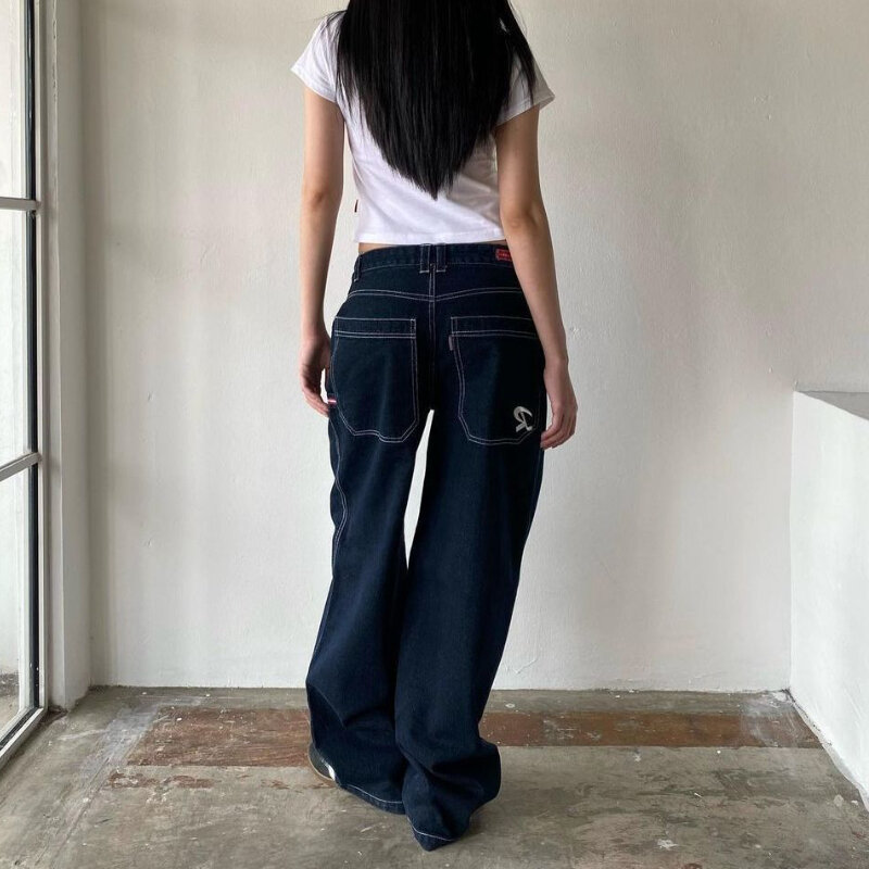 HOUZHOU-Jeans largos Y2K femininos com bordado, bolso vintage, grande, coreano, casual, solto, perna larga, rua alta, jeans