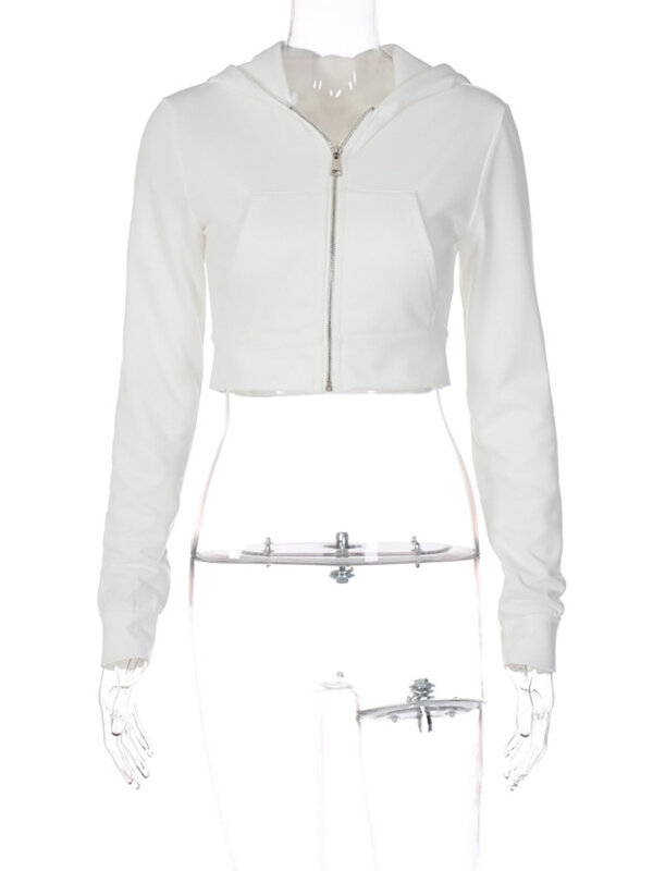 ALLNeon Y2K эстетические винтажные базовые на молнии белые укороченные толстовки 2000s модные с большими карманами спереди с капюшоном с длинным рукавом милые толстовки