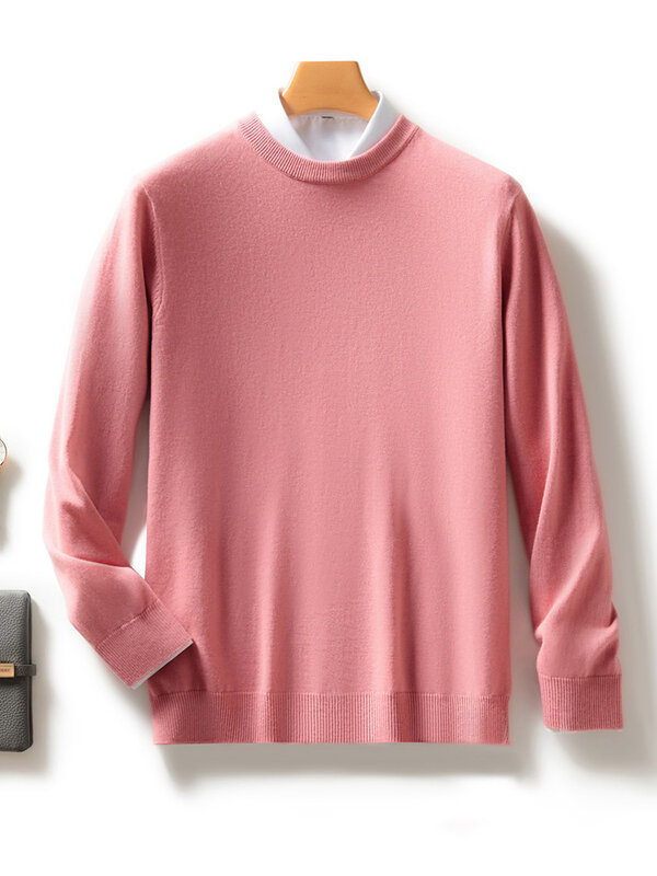 Pria musim gugur musim dingin dasar O-neck Pullover Sweater 30% Merino wol rajut lengan panjang warna murni kasual cerdas pakaian atasan