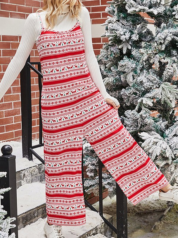 Women Christmas Knitted Bib Overalls Snowflake Print Loose Straight Leg Jumpsuit Romper Pants with Pocket Streetwear