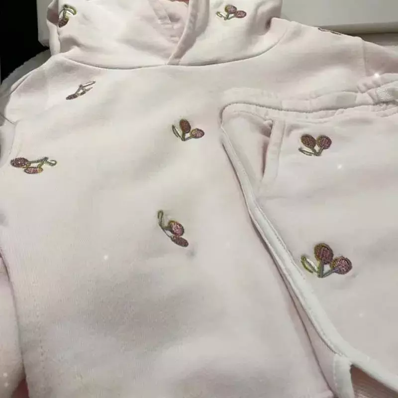 BP-Conjunto de ropa con capucha para niñas, Conjunto de sudadera y pantalones cortos con bordado de cereza rosa, verano 2024, preventa, envío a mediados de abril