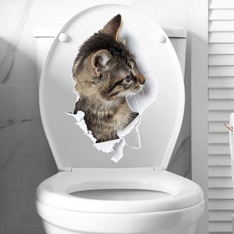 Autocollant mural 3D de chats avec trou de vue, autocollants de toilette, salon, décor à la maison, décalcomanies d'animaux en vinyle, art, autocollant mignon, affiche murale