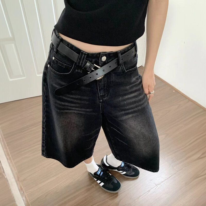 Shorts jeans largos pretos, estilo Y2K, calça capri de perna larga, cintura alta, jeans com lavagem escura, moda retrô casual feminina, anos 2000