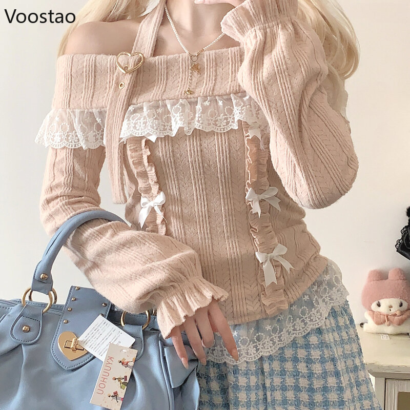 Słodka styl Lolita w stylu Vintage dziergany sweter dziewczynek urocza głęboki dekolt kokardka koronkowe falbany klamerka w kształcie serca sweter damski bluzki z dzianiny