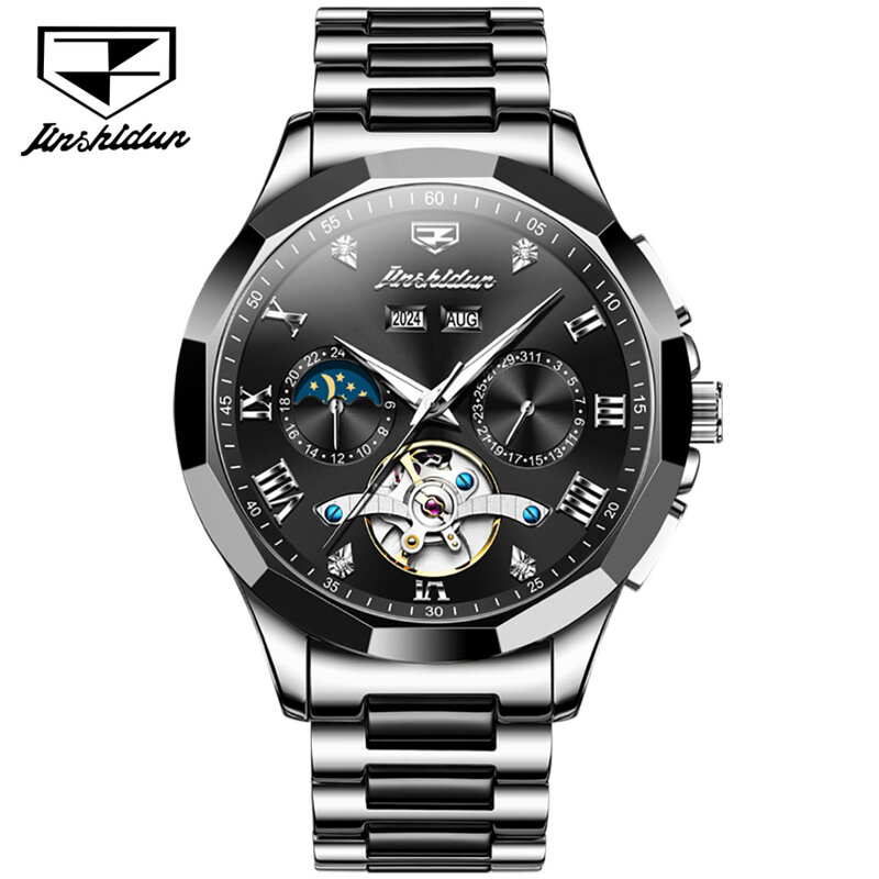 JSDUN 8949 Mechanical Fashion Watch Gift Stainless Steel Watchband Round-dial Week Display Luminous Small second Year display
