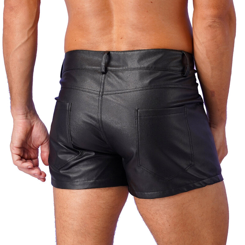 กางเกงขาสั้นหนัง PU ผู้ชายสีดำกางเกงแฟชั่นสตรีทแวร์เอวต่ำมีซิปกางเกงขาสั้นสำหรับเทศกาลฮาโลวีนงานคลับแวร์เต้นรำ
