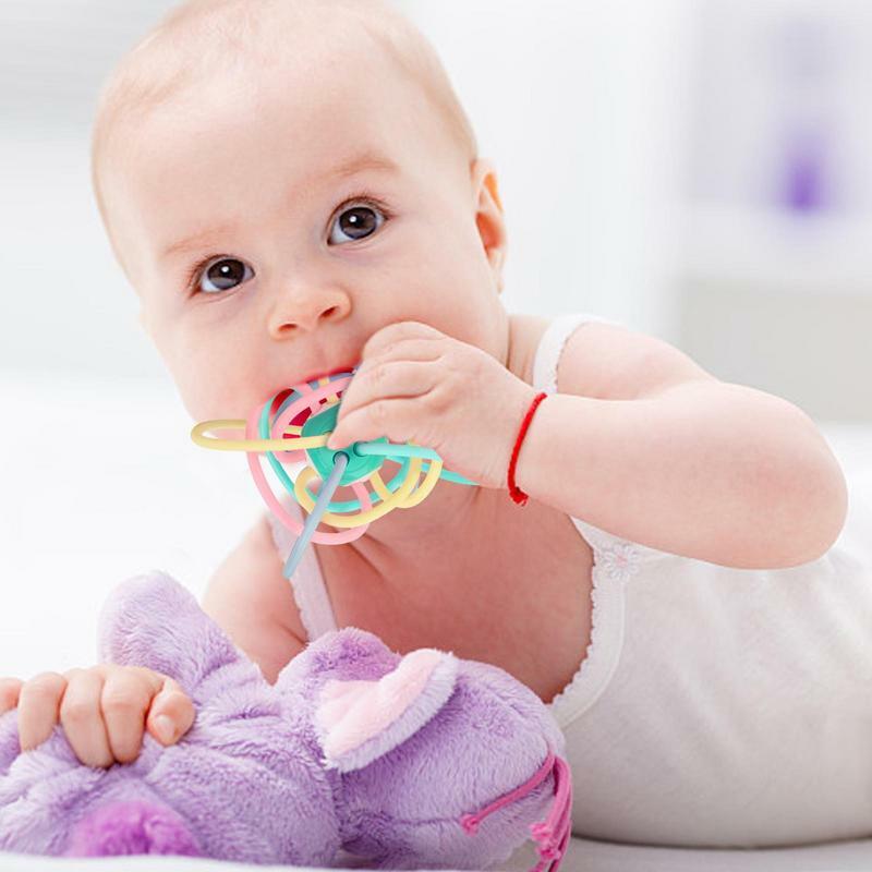 젖니 공 치아 고정 장치, 감각 딸랑이 치아 접착제 활동, 아기 치아 훈련, 손 잡는 공 연삭 장난감