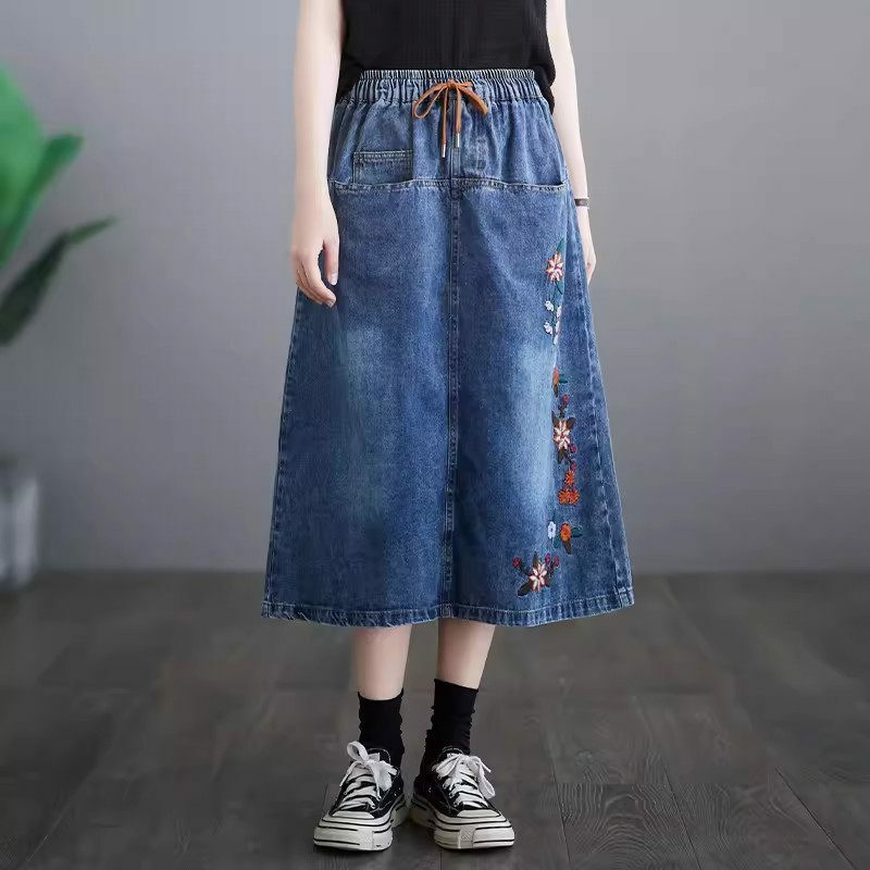 Jupe rok wanita ukuran besar Denim Midi Jeans baru musim panas 2024 panjang menengah renda serbaguna pinggang elastis Saias K1410