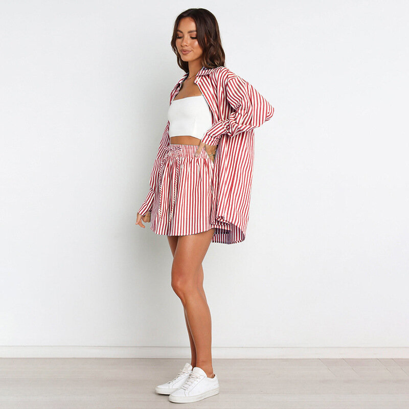 Striped Shirts Office Lady Long Sleeves Turn Down Collar Button Tops with Shorts Summer Women Clothing Casual Two Pieces Set