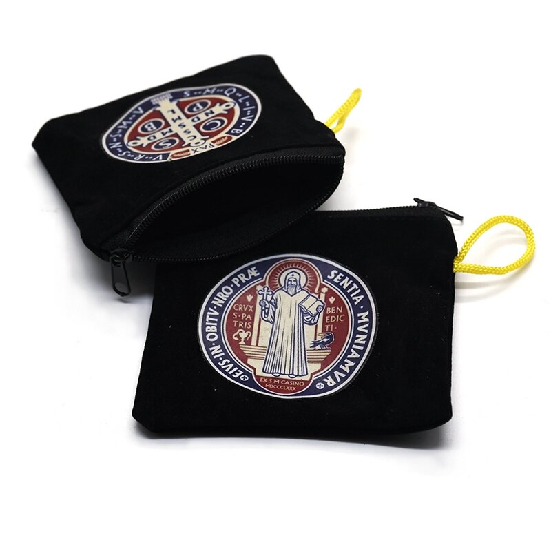 QIGO Saint benedyktyński kolorowy nadruk czarny welet sznurek naszyjnik różaniec torba do przechowywania