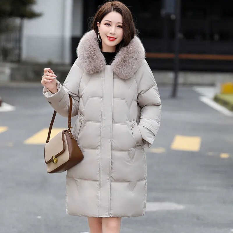 Fashion Down  Women's Mid-length Mother Wear 2023 Winter New Hooded Loose Warm Raglan Sleeves Coat Big Fur Collar Women‘s