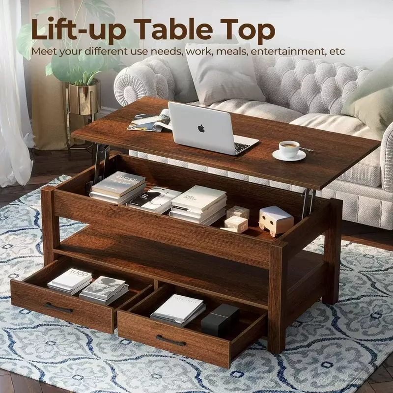 Coffee Table, Lift Top Coffee Table with Drawers and Hidden Compartment, Retro Central Table with Wooden Lift Tabletop