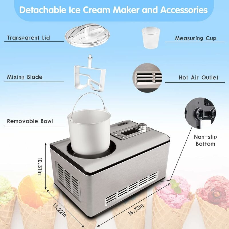 Máquina para hacer helados de acero inoxidable con compresor, sin congelación previa, con pantalla LCD, 2,2 cuartos