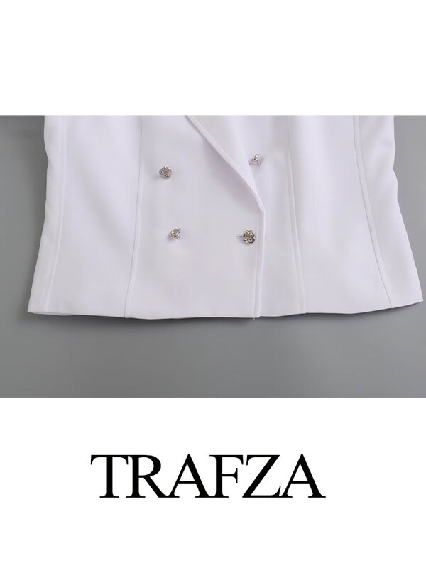 Setelan pakaian musim panas TRAFZA wanita, 2024 trendi warna putih kerah rebah lengan panjang kancing depan ganda + celana pendek ritsleting pinggang tinggi