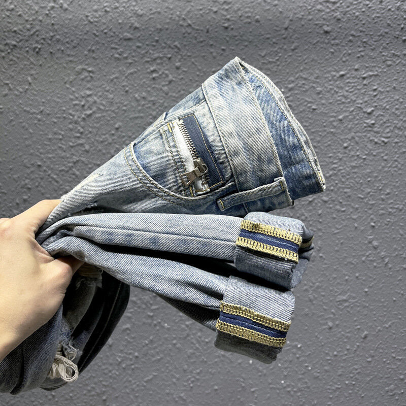 Jeans da moda com furo high-end masculino, calça retrô lavada, lavada com água, nova marca de moda de rua, primavera, 2022