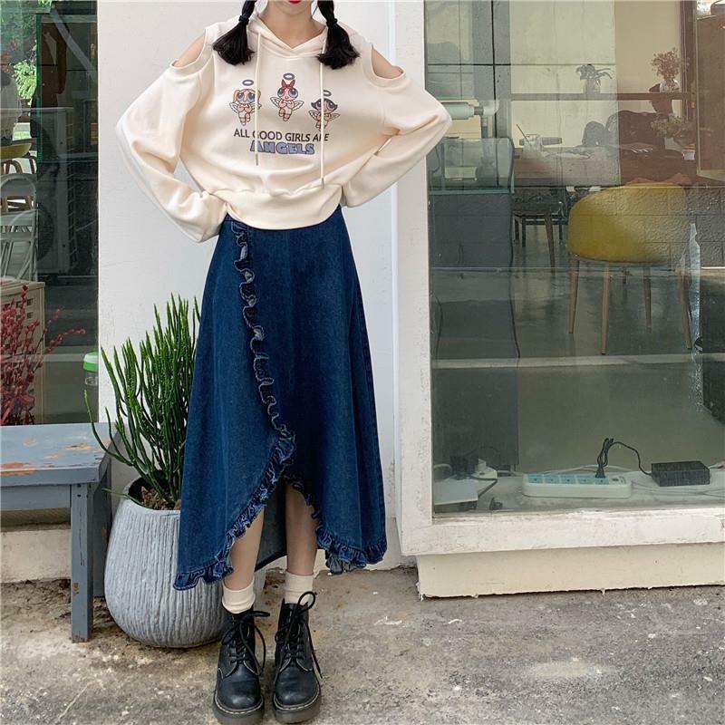 Женские джинсовые юбки с оборками, простые креативные элегантные милые универсальные весенние винтажные повседневные юбки в Корейском стиле, изящные и уютные