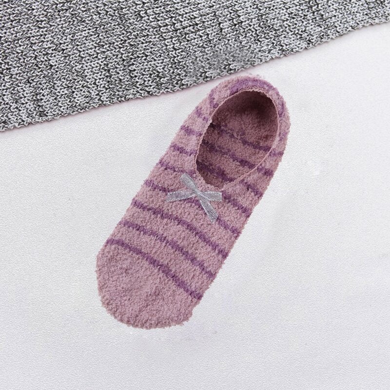 Vrouwen Winter Fuzzy Slipper Boot Sokken Gestreepte Print Zoete Boog Antislip Warm Pluizige Low Cut Thuis Kousen met Grijpers