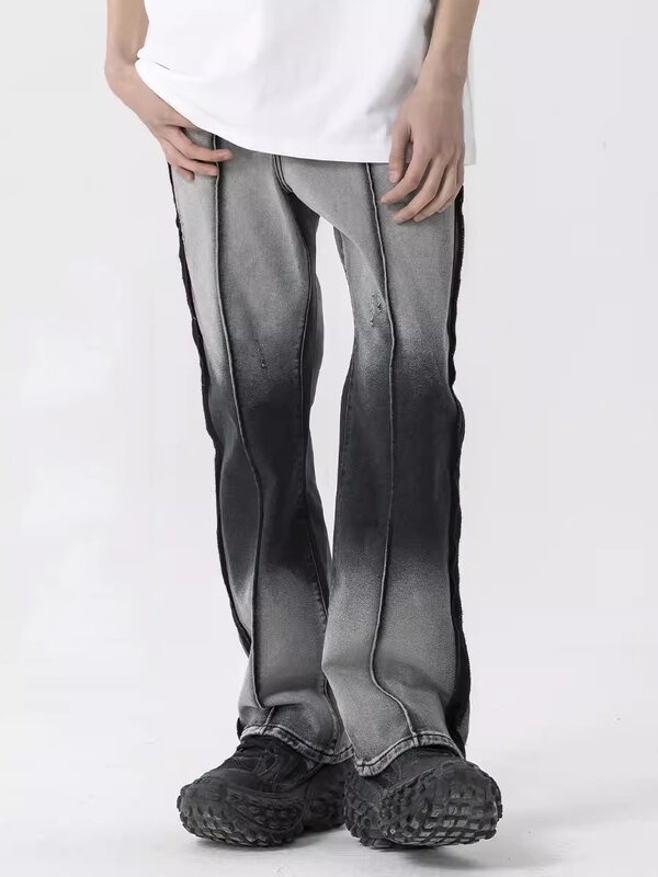 REDDACHIC Men's Frayed Gradient Baggy Jeans Vintage Gray Dirty Wash Straight Wide Leg Denim Pants Hiphop Trousers Acubi Fashion