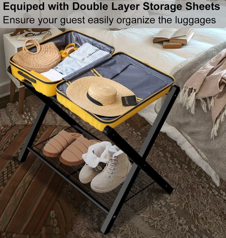 Opvouwbare Bagagerek Voor Gastenkamer Metalen Opvouwbare Koffer Houder Met Metalen Plank Voor Slaapkamer Zwart 2Pack