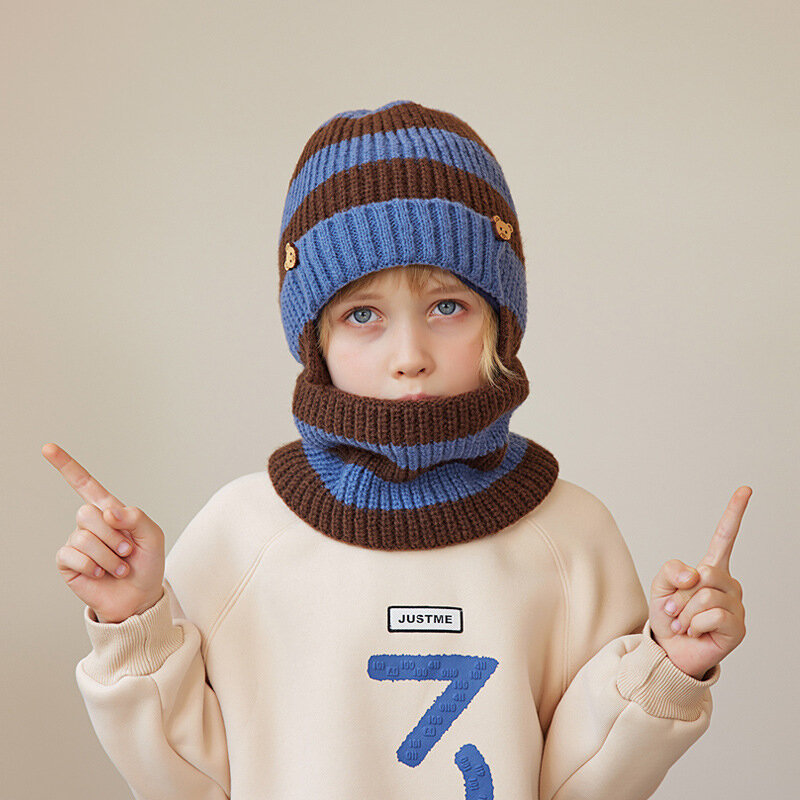 Kids Winter Keep Warm Beanie Scarf Set 2 Pieces Boys Girls Fleece Lining Woolen Yarn Cap Children Stripe Knit Earflap Hat New in