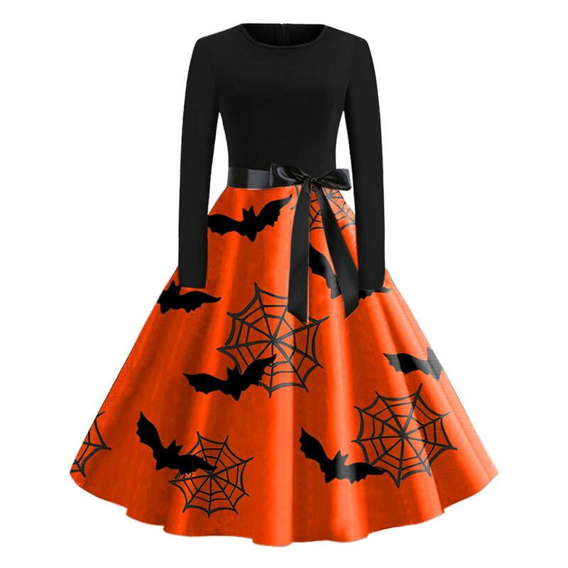 Womens Round Neck Long Sleeve Printed Vintage Swing Dress Cocktail Prom Ruffle Dress Dresses for Women Casual Summer V Neck