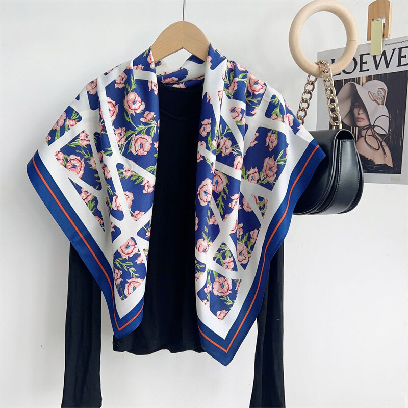Spain Fashion Cross Plaid Floral Square Silk Scarf Women High Quality Print Soft Shawls and Wraps Bufandas Muslim Hijab 90*90Cm