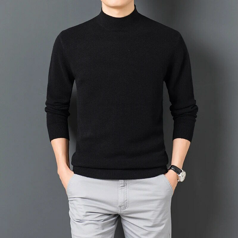 Sweater pulover lengan panjang pria, Sweater kerah panjang hangat nyaman warna polos