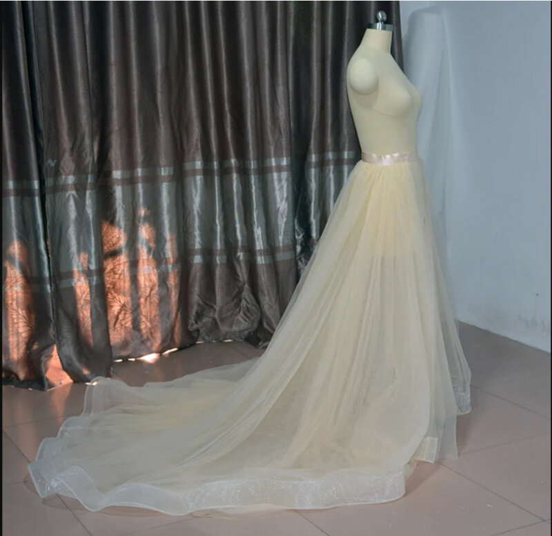 Sampanye Tulle dapat dilepas Overskirt pengantin hamparan atau pernikahan panjang lantai ekor rok dapat dilepas buatan tangan