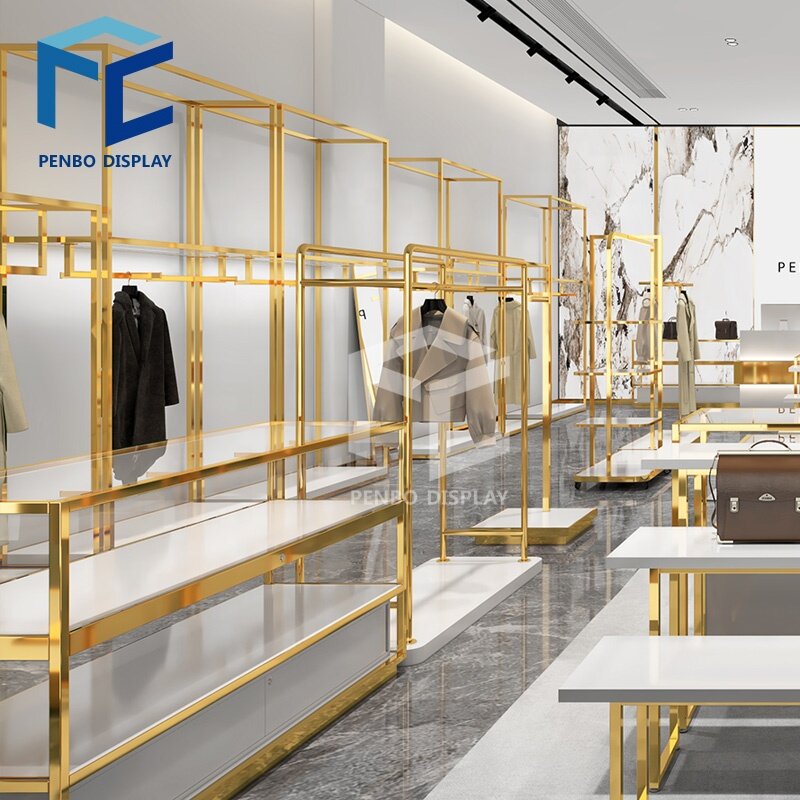 Racks de aço inoxidável ouro para lojas, Vestuário Display Table, Pano de varejo moderno personalizado, Shopping center