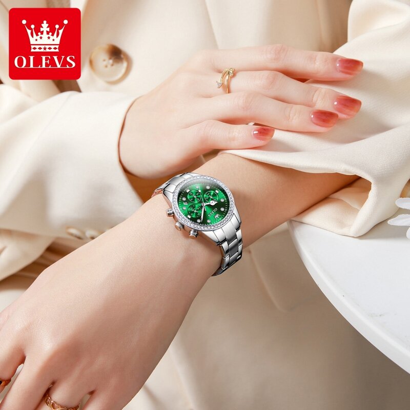OLEVS jam tangan wanita Quartz, Tali Stainless bercahaya tahan air tanggal otomatis berlian untuk perempuan