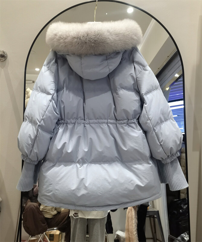 Abrigo holgado de plumón de pato blanco para mujer, chaqueta de plumón de longitud media, cuello de piel grande, cintura adelgazante