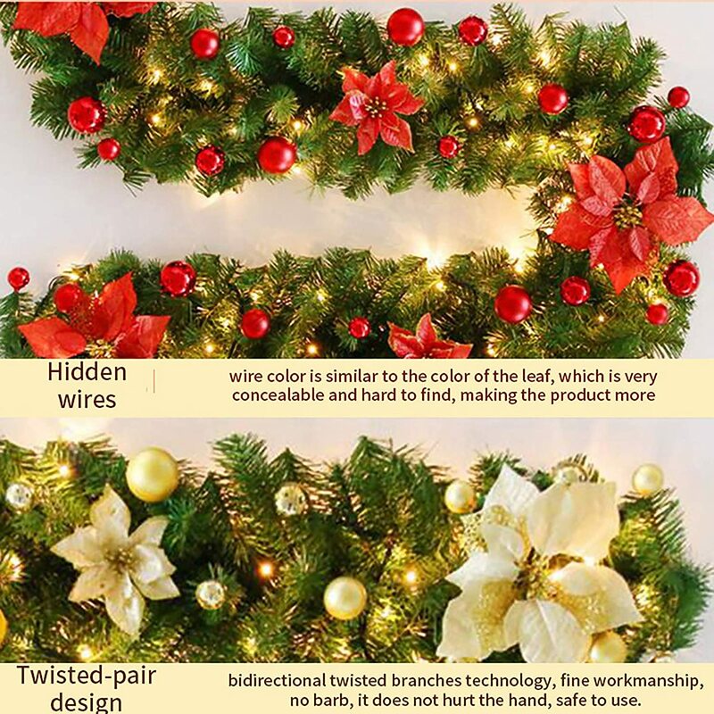 Dekorasi Natal karangan bunga rotan, lampu LED mewah, dekorasi Natal, dekorasi karangan bunga, rotan dengan lampu, pesta rumah Natal 2.7m