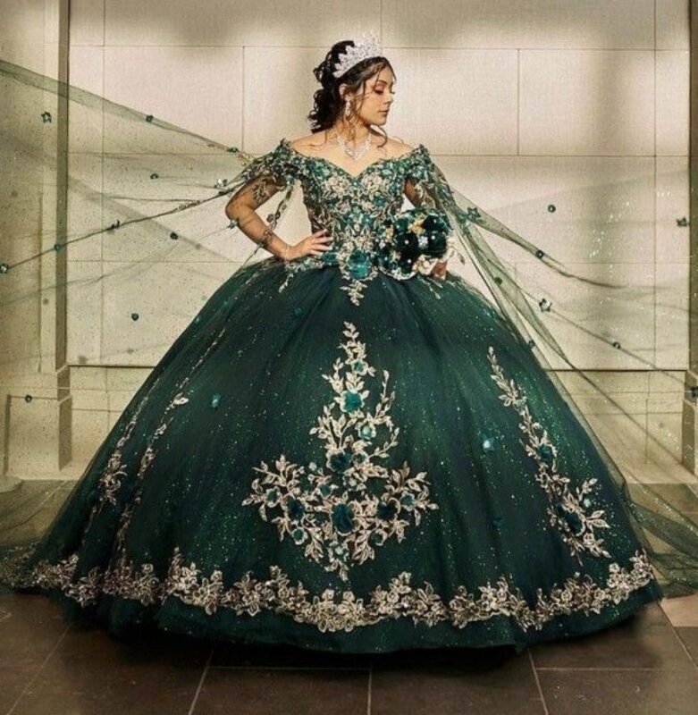 Lorencia-Vestido de baile Quinceanera verde esmeralda brilhante, Apliques de renda com boné, Princess Sweet 16, YQD387
