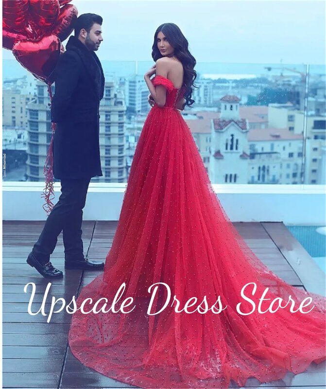 Vestido vermelho fora do ombro com cristais e pérolas, vestidos de baile sexy, festa de casamento saudita de luxo, festa querida