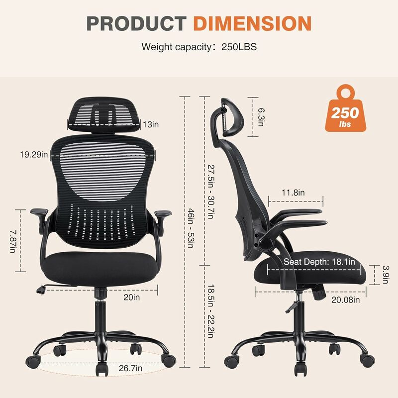 Office Computer Desk Chair Ergonomic High Back Mesh Task Chair with Wheels Adjustable Headrest Comfortable Office/living Chair