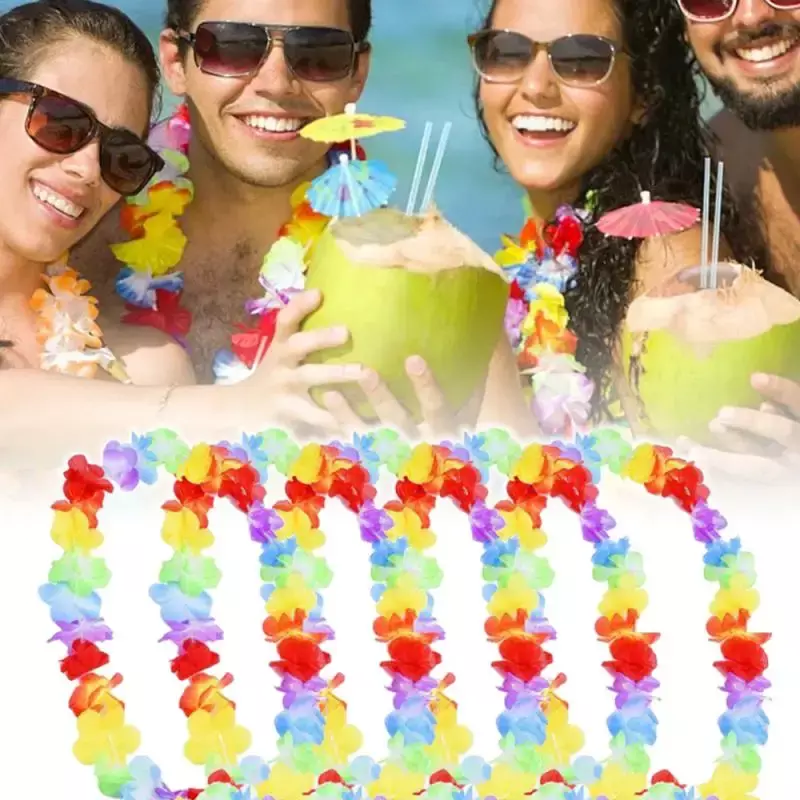 ハワイアンパーティー、シルクネックレス、ハワイアンガーランド、ビーチフラワー、夏の結婚式、誕生日、トロピカルマシスロス、10個の人工花